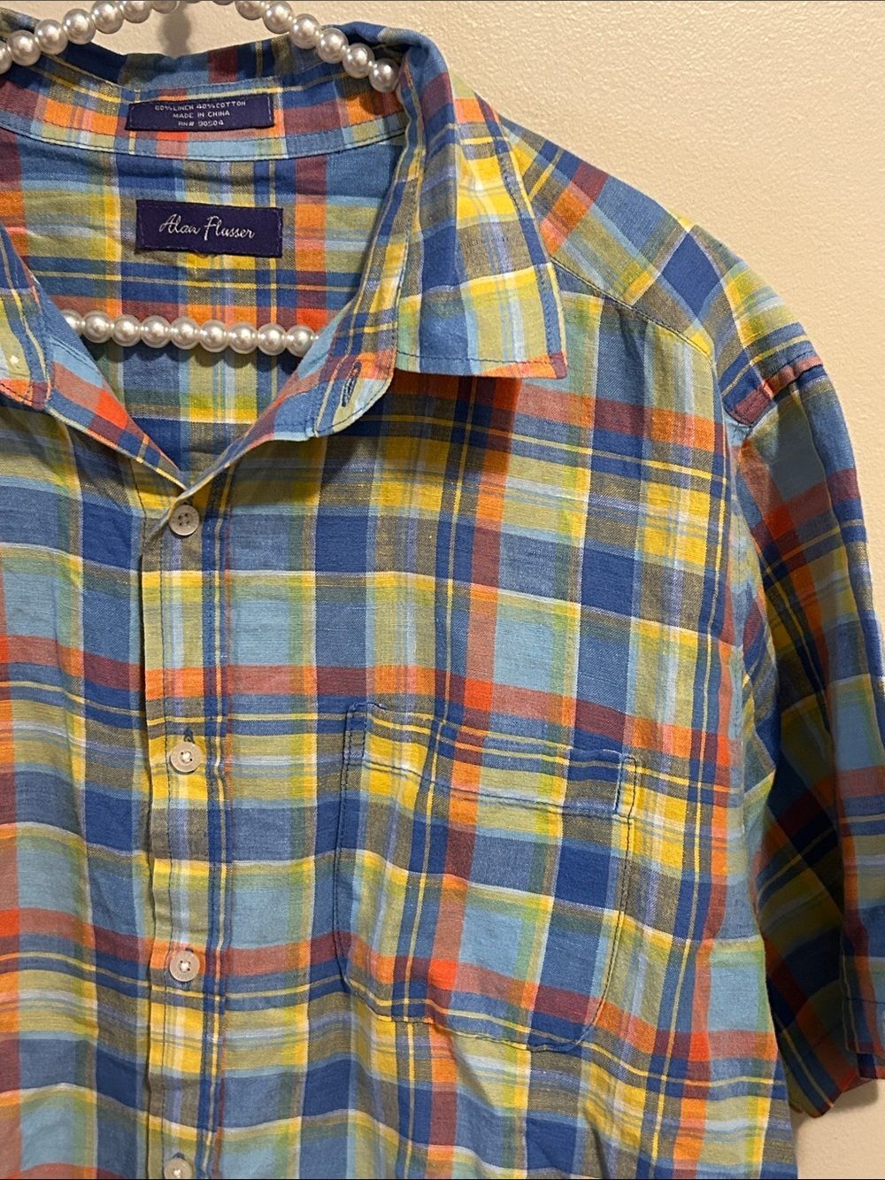 Alan Flusser Linen Cotton Plaid Short Sleeve Button Down Shirt Size M L